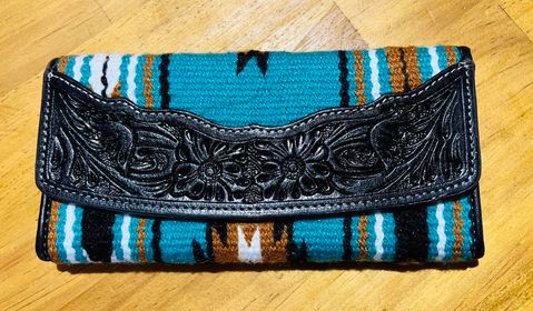 Angie Turquoise/White Saddle Black Tooled Trifold Wallet