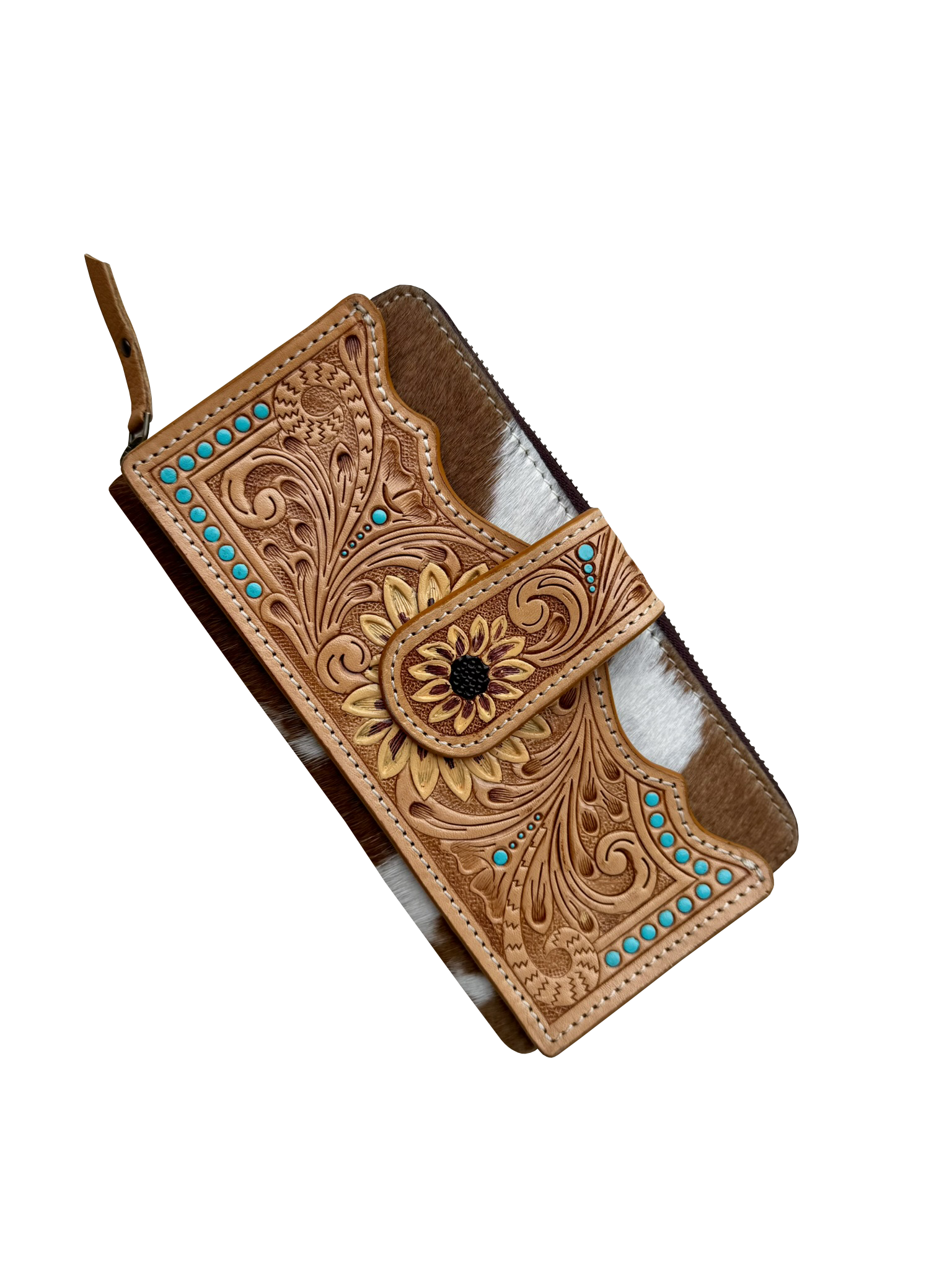 Cowhide Sunflower Tooling Leather Zippered Wallet W/- Phone Pocket