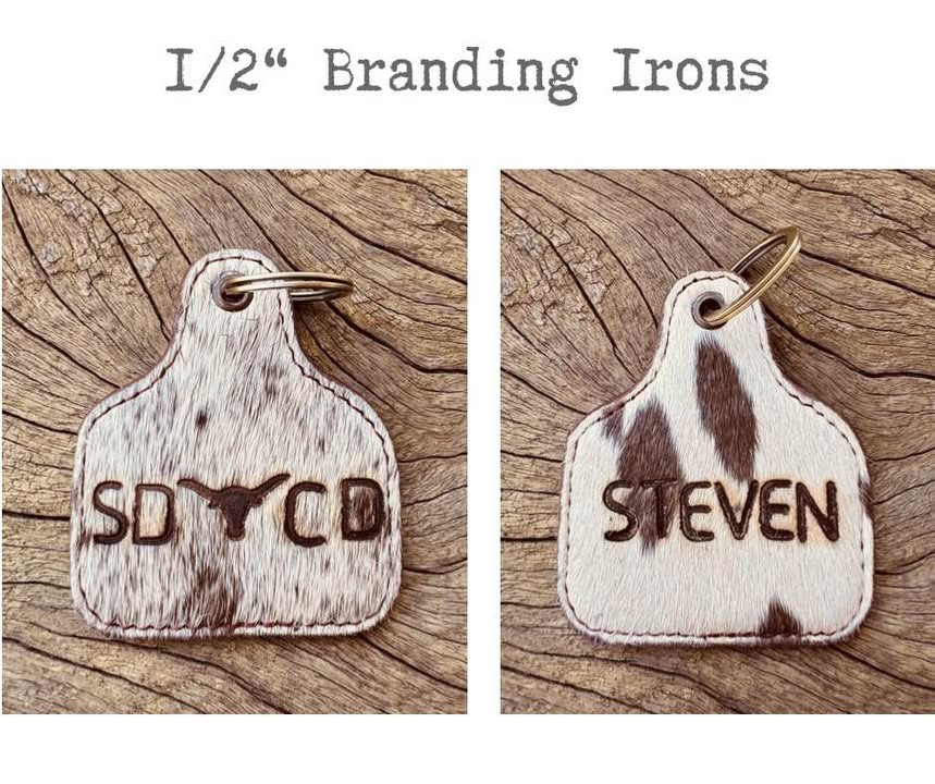 Cattle Tag Shape Cowhide Keychain W/- Initials
