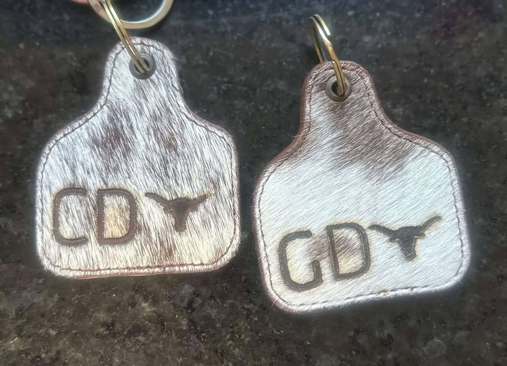 Cattle Tag Shape Cowhide Keychain W/- Initials