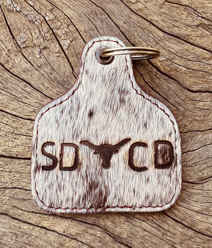 Cattle Tag Shape Cowhide Keychain W/- Initials