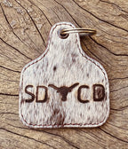 Cattle Tag Shape Cowhide Keychain W/- Initials