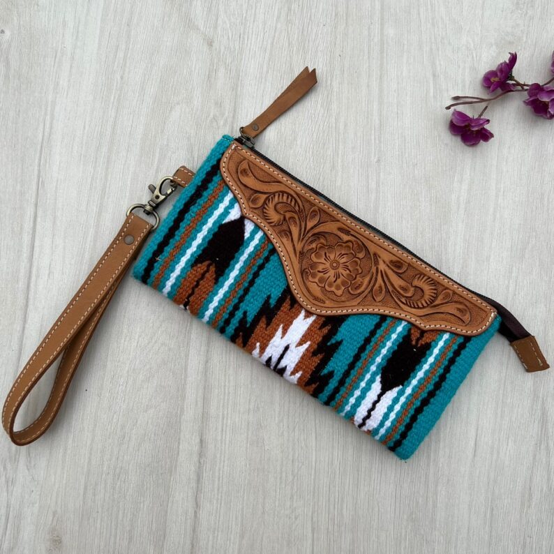 Leah - Tooled Turquoise Saddle Blanket Clutch