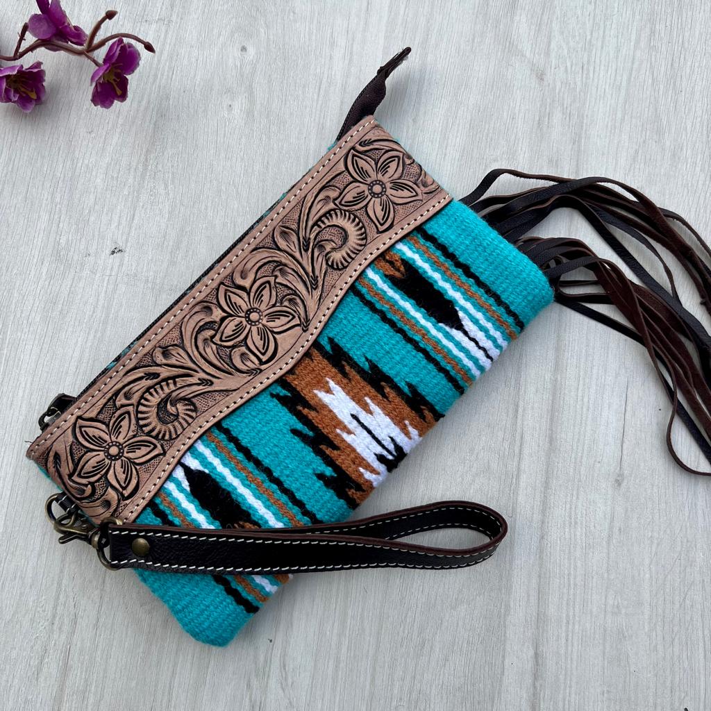 Mary - Turq Saddle Blanket Tassel Clutch with Tooled Leather