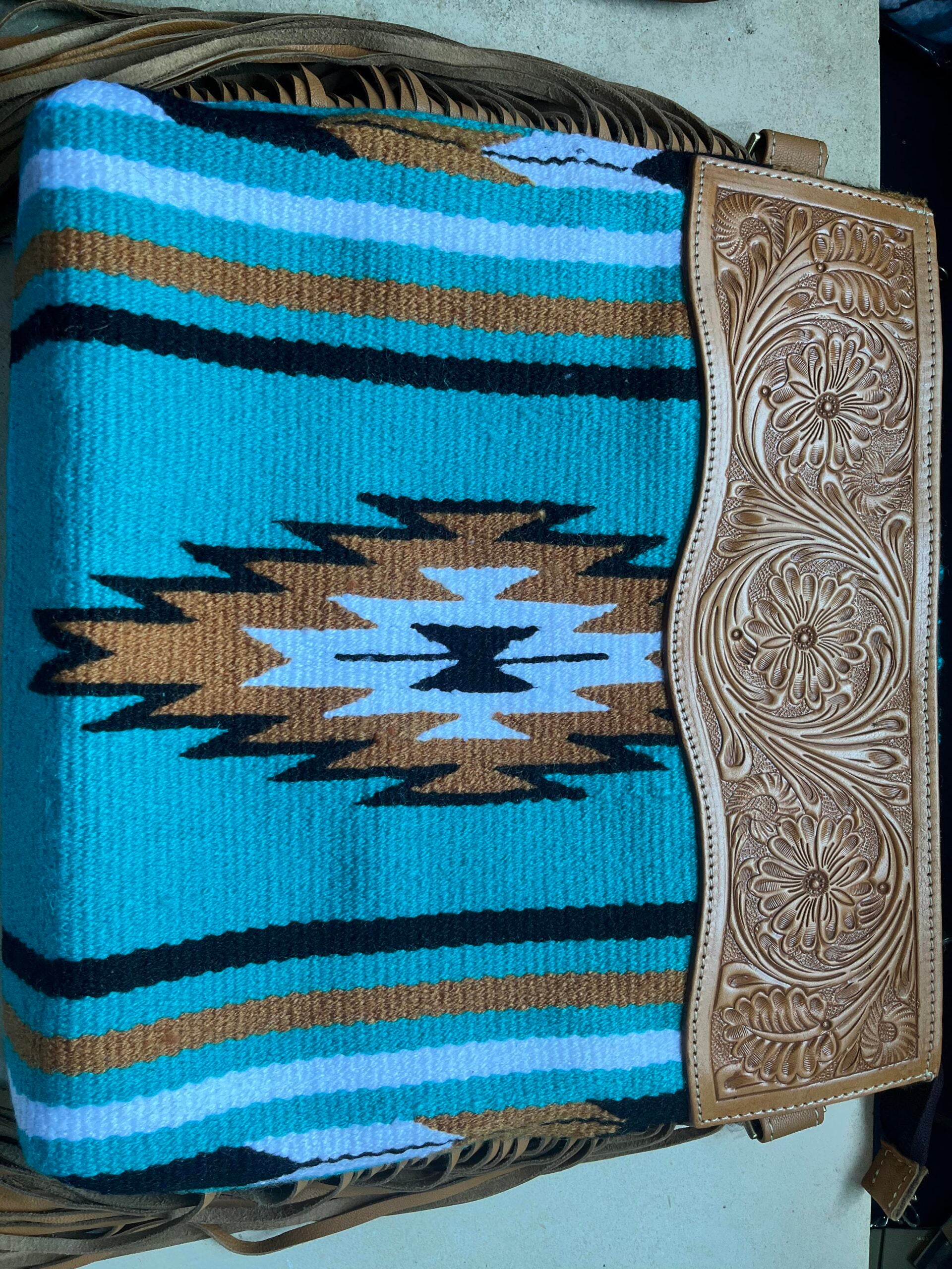 Anita - Tooled Leather Turquoise Saddle Blanket Crossbody Bag