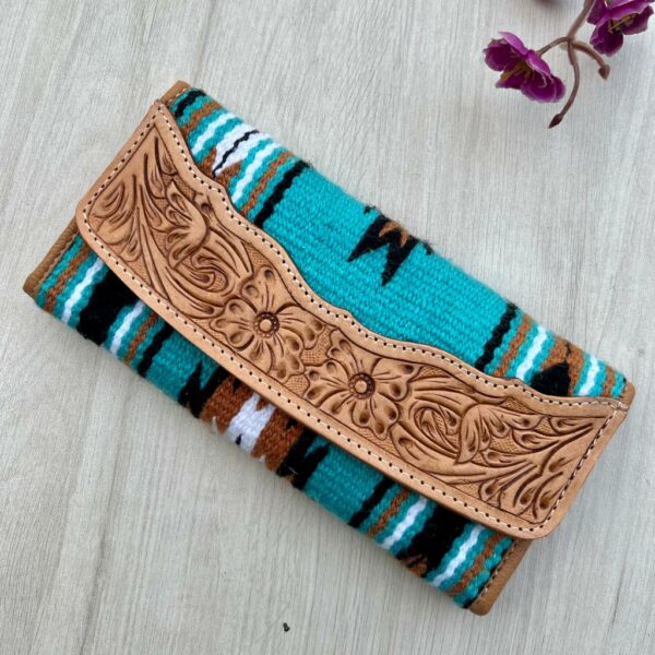 Angie Turquoise/White Saddle Black Tooled Trifold Wallet