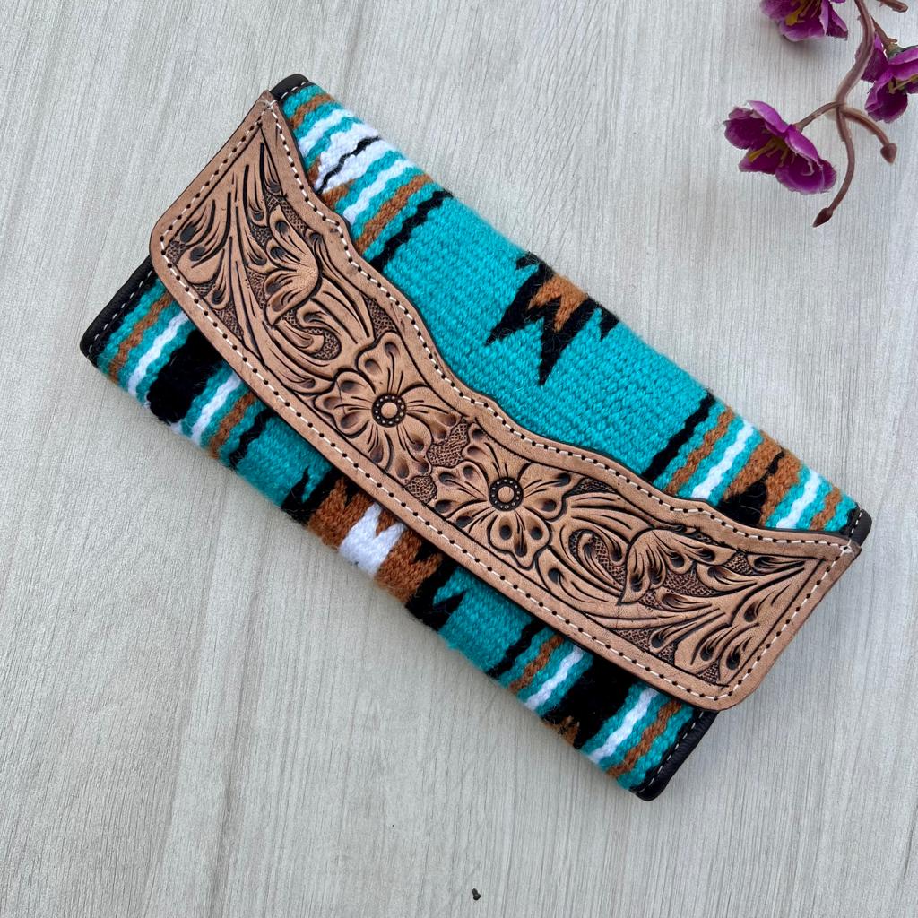 Angie Turquoise/White Saddle Black Tooled Trifold Wallet