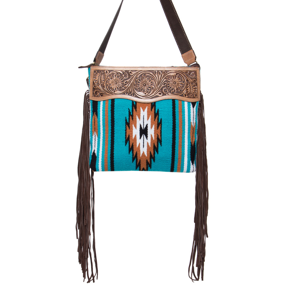 Anita - Tooled Leather Turquoise Saddle Blanket Crossbody Bag